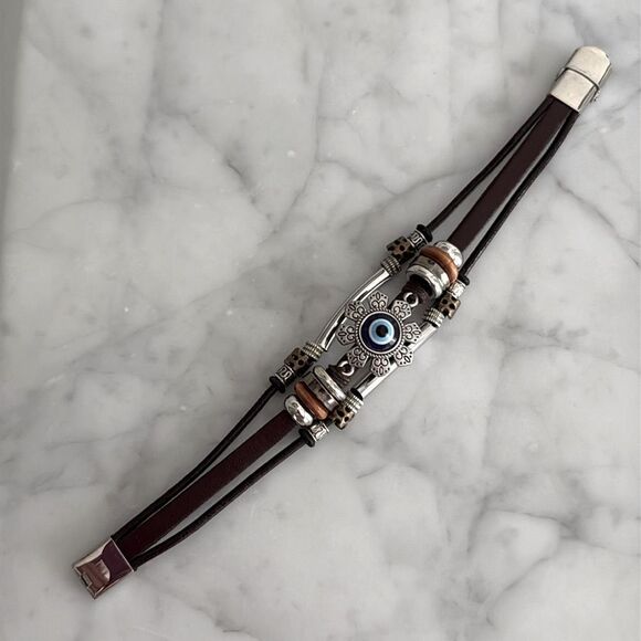 Men’s Protective Evil Eye Bracelet – Brown PU Leather, 8” - Picture 4 of 7